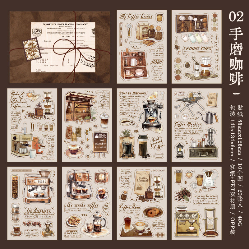 20 Sheets Coffee Themed Washi Stickers and PET Stickers Book KFTY