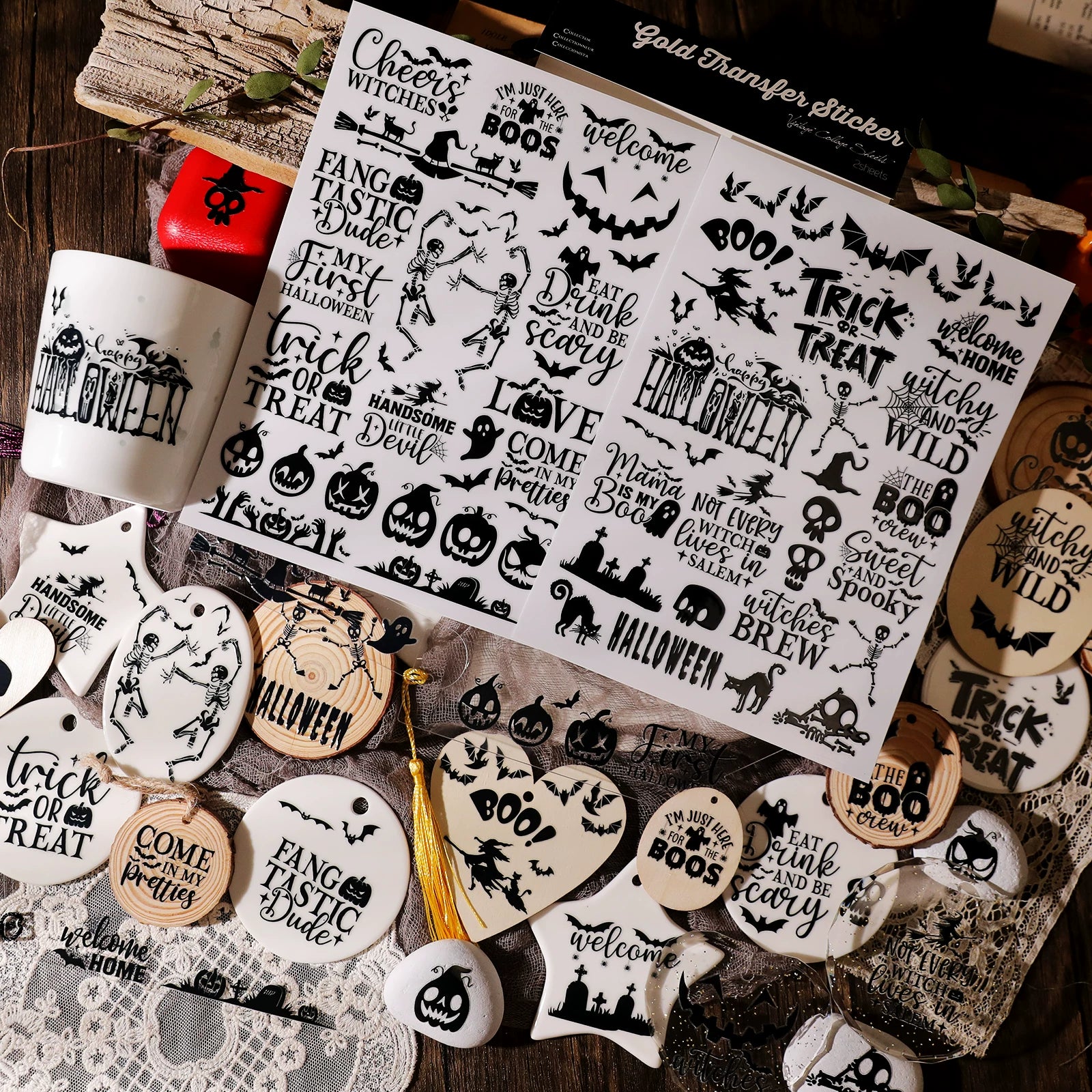 2 Sheets Waterproof Rub on Stickers - Black Halloween