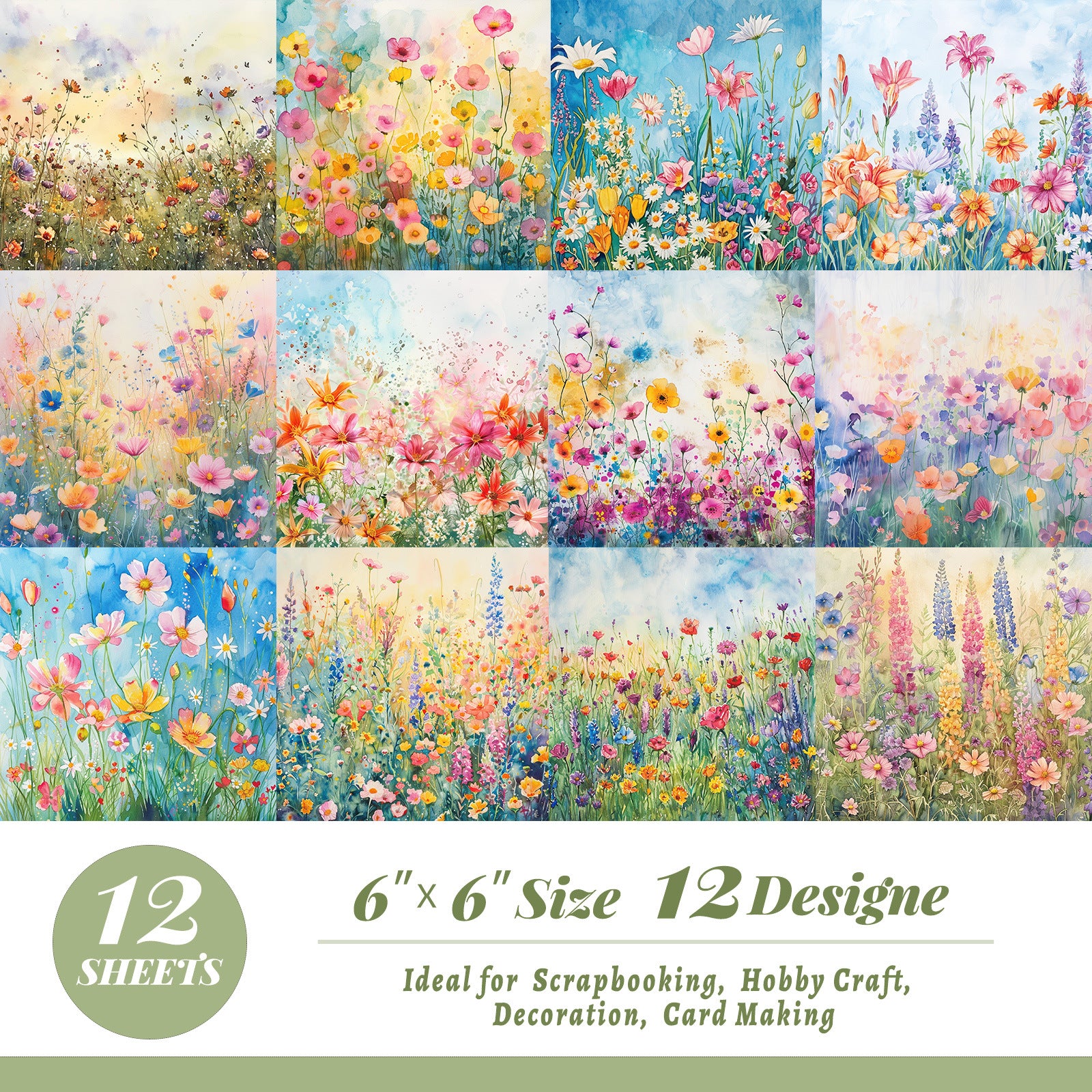 6 inch Watercolor Wildflower Scrapbook Paper Pad PA948