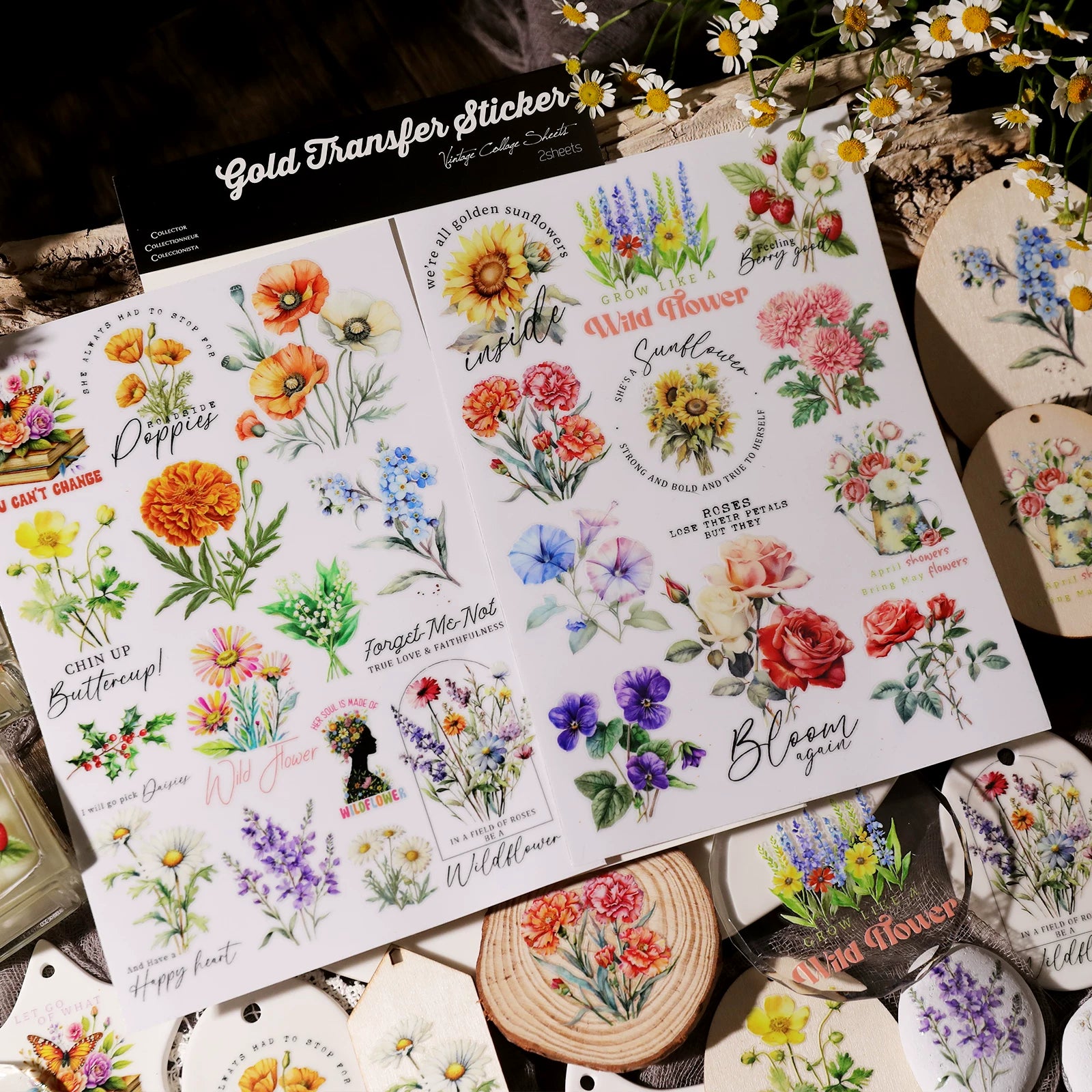 2 Sheets Waterproof Rub on Stickers - Flower Quotes
