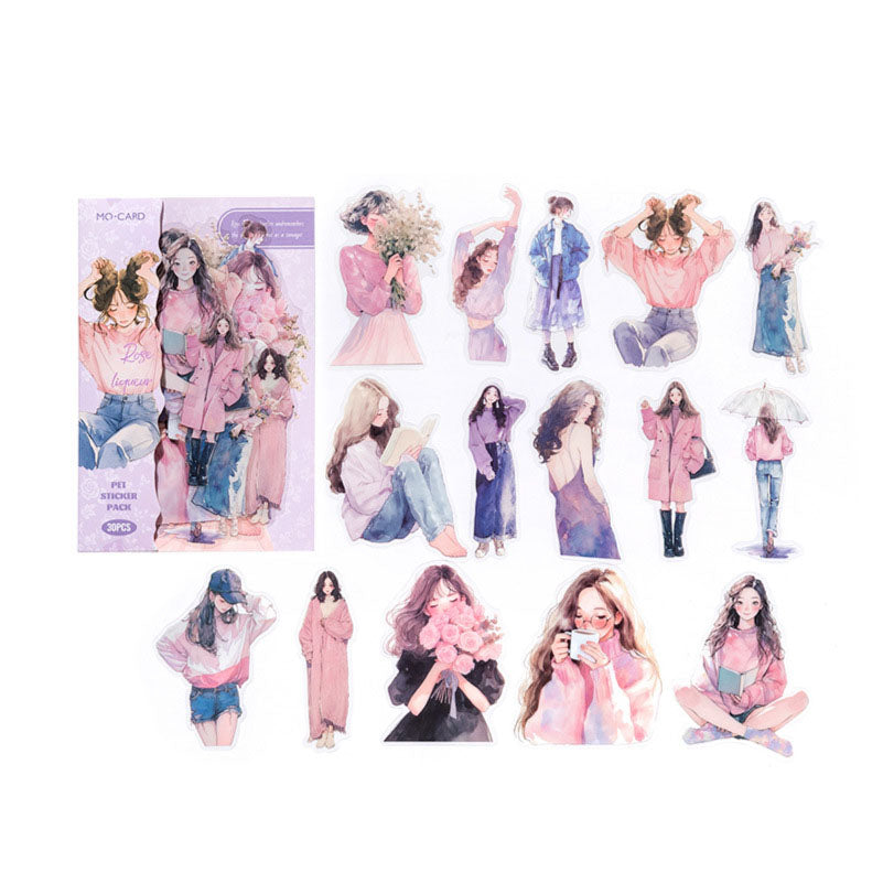 30 Pcs Korean Watercolor Fashion Girl PET Stickers KXSKE