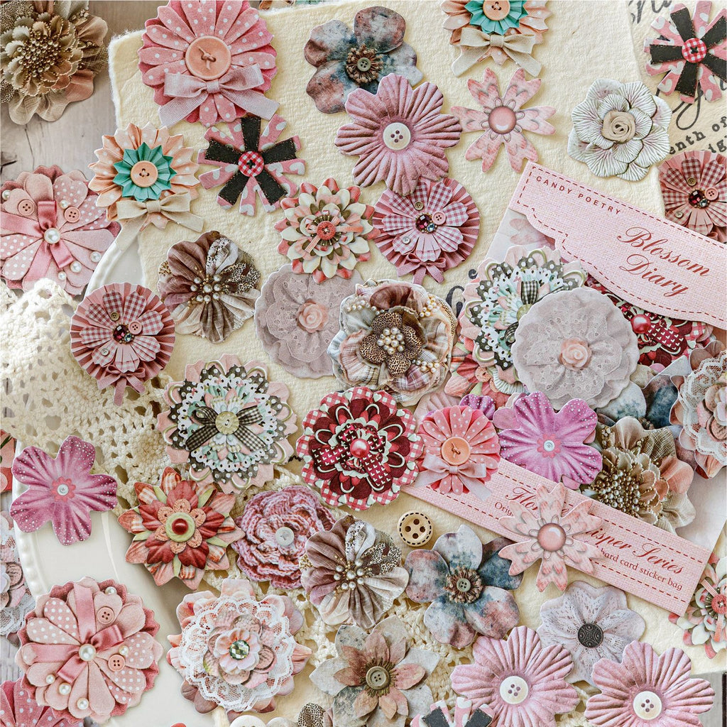 50 Pcs Vintage Handmade Fabric Button Floral Stickers- Blue