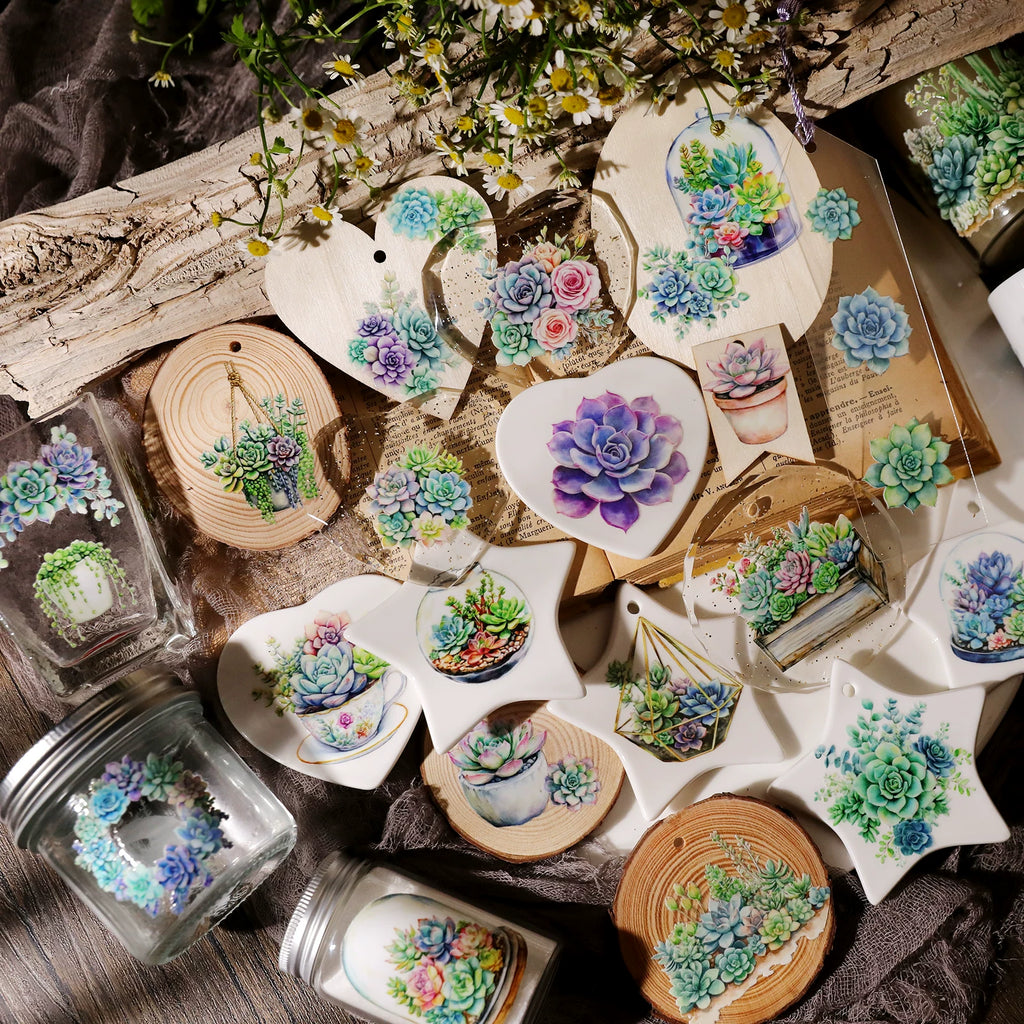 2 Sheets Waterproof Rub on Stickers - Succulents