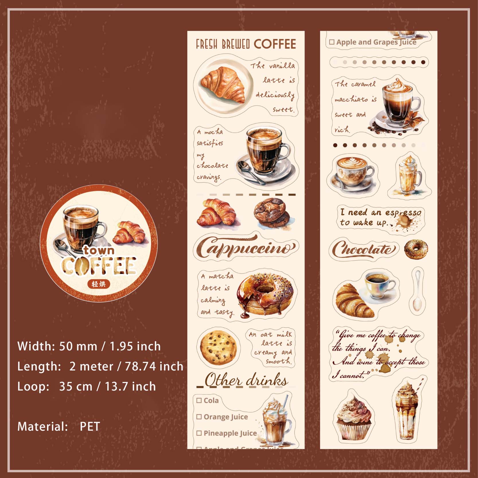 1 Roll Coffee Theme PET Stickers Tape KFZX
