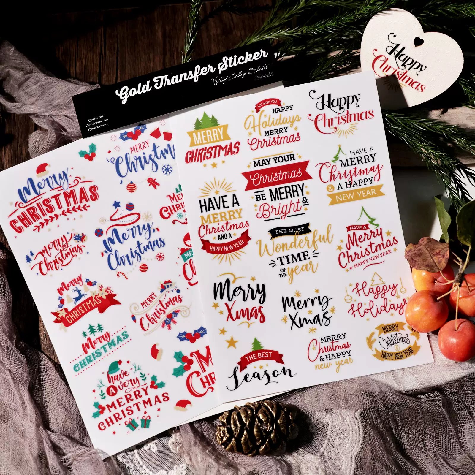 2 Sheets Waterproof Rub on Stickers - Happy Christmas