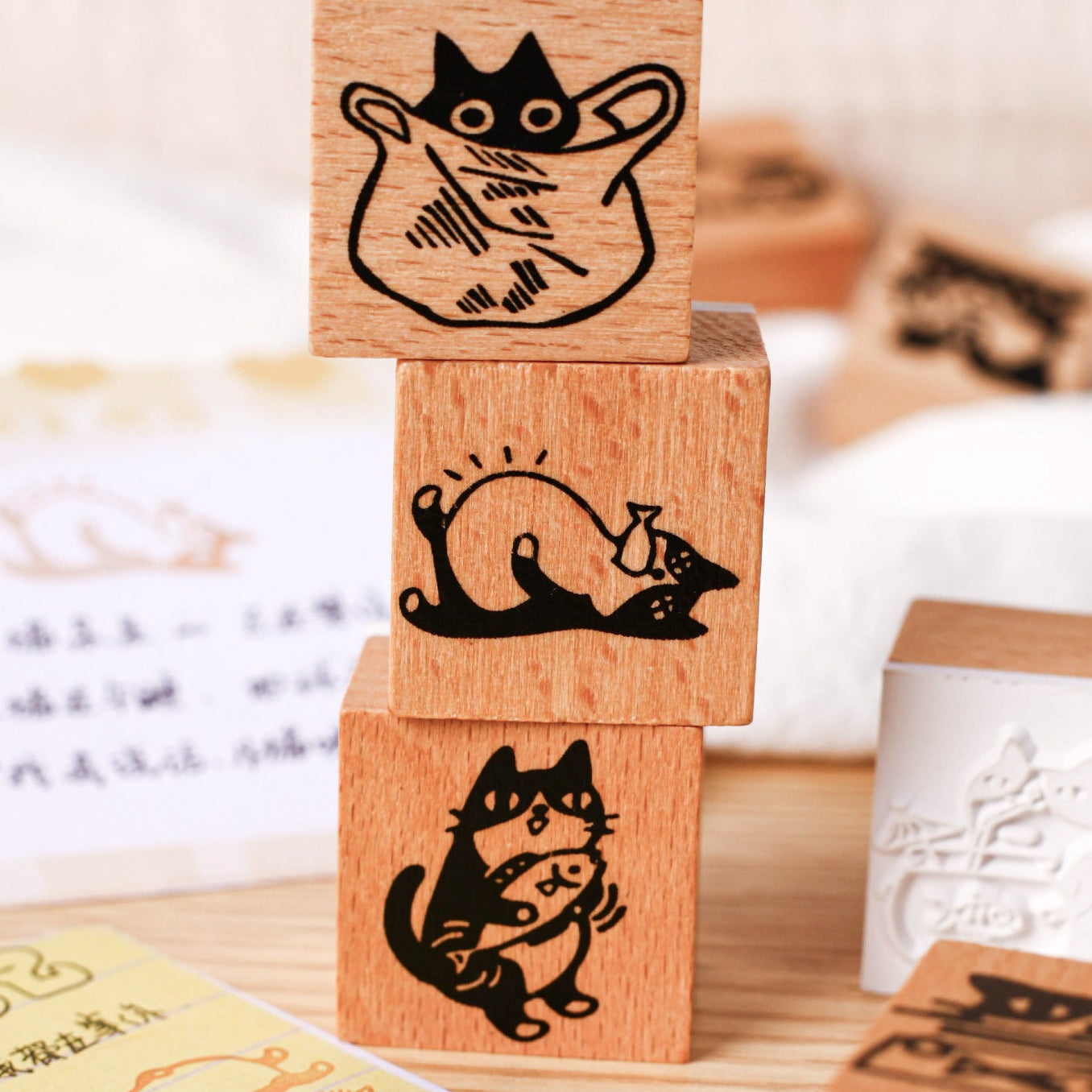 Kawaii Funny Cat Wood Stamp - Hungry Meow