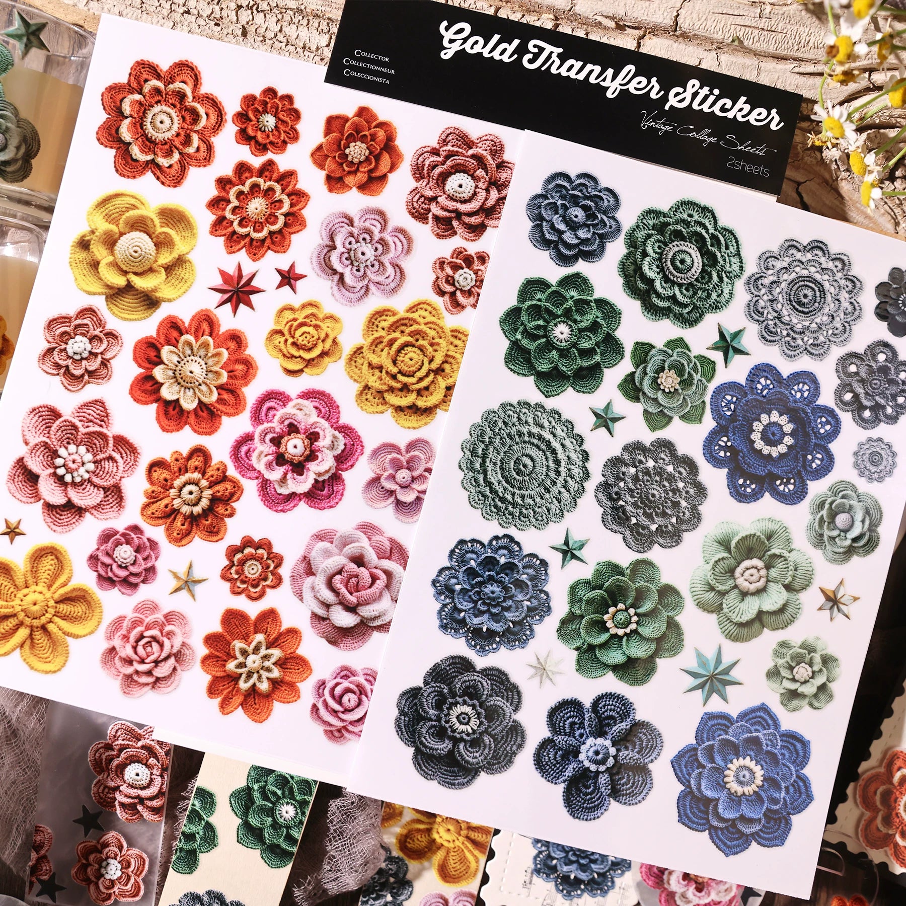 2 Sheets Waterproof Rub on Stickers - Crochet flower