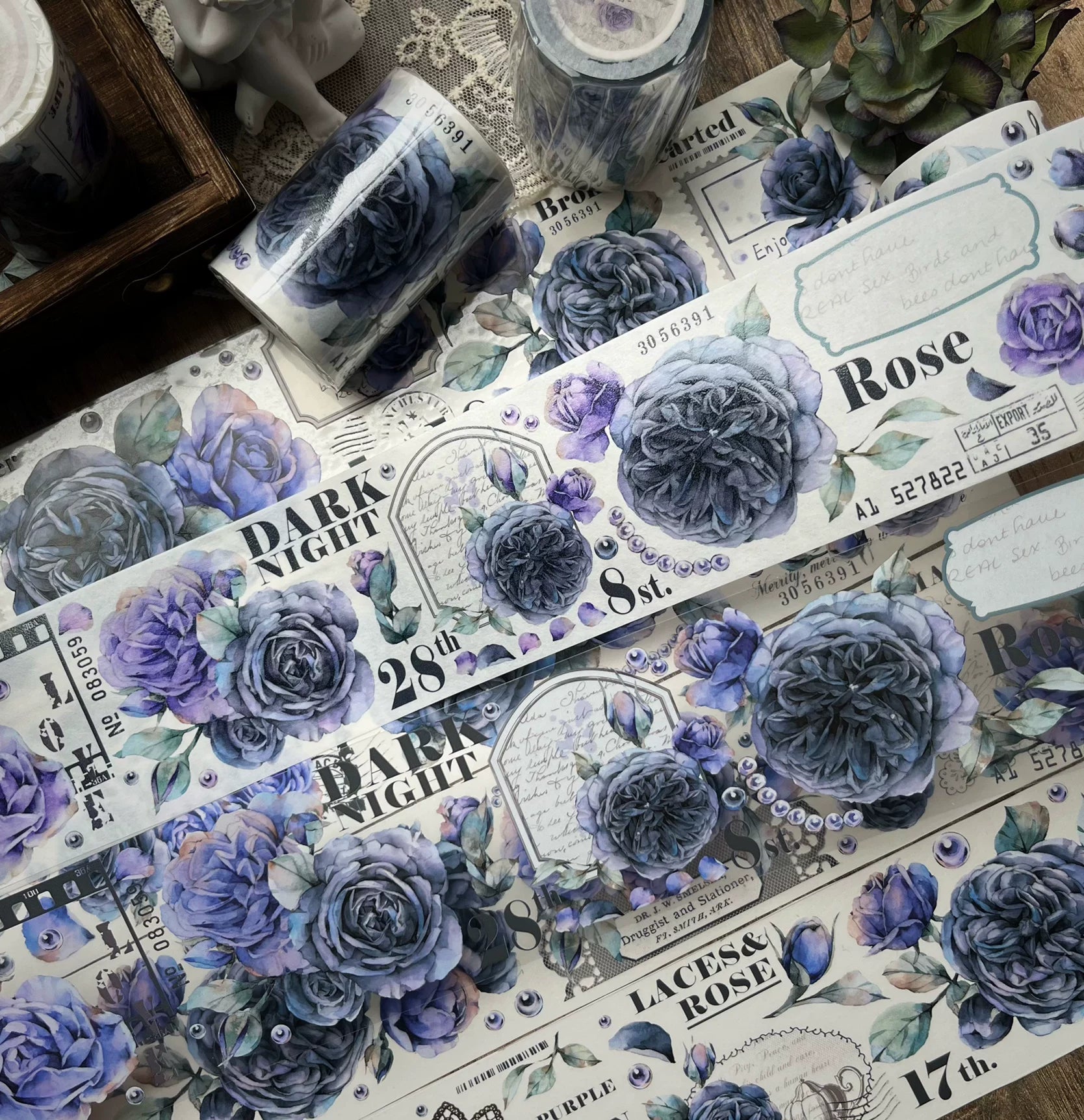Floral Decorative Tape Rolls- Dark Ink Rose
