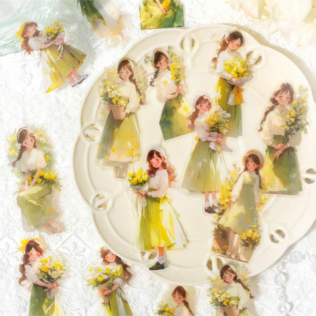 30 Pcs Holding Flowers Girl PET Stickers PHDNH