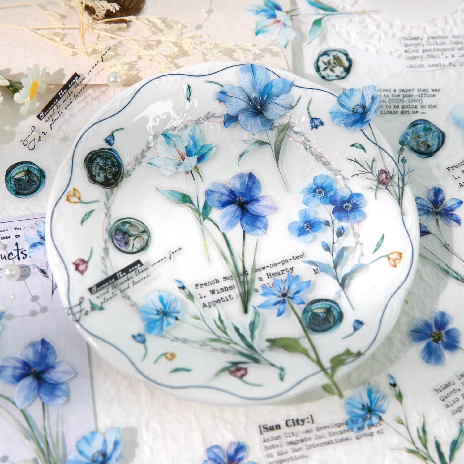 40 Pcs Pressed Flower and Wax Seal PET Stickers LMYZ