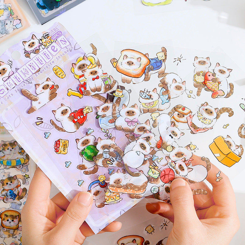 4 Pcs Kawaii Cartoon Cats PET Stickers - Blue