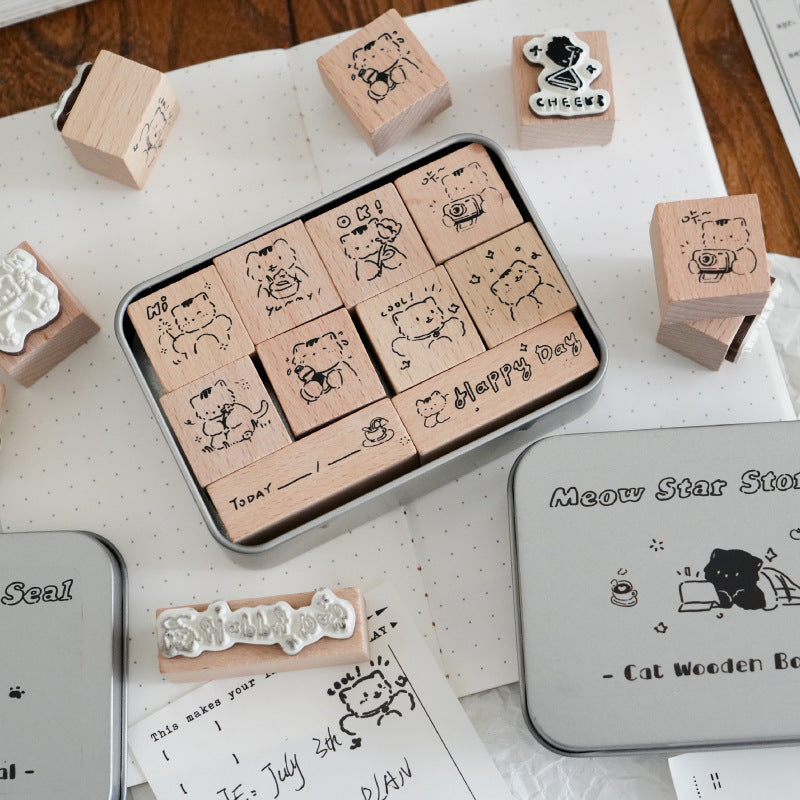 10 Pcs Cat Wooden Stamp Set MXRW