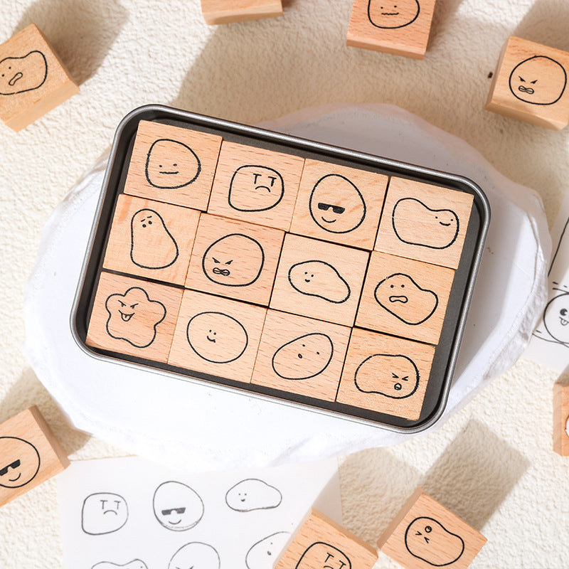 12 Pcs Cute Emoji Wooden Stamps Kit KEBQ