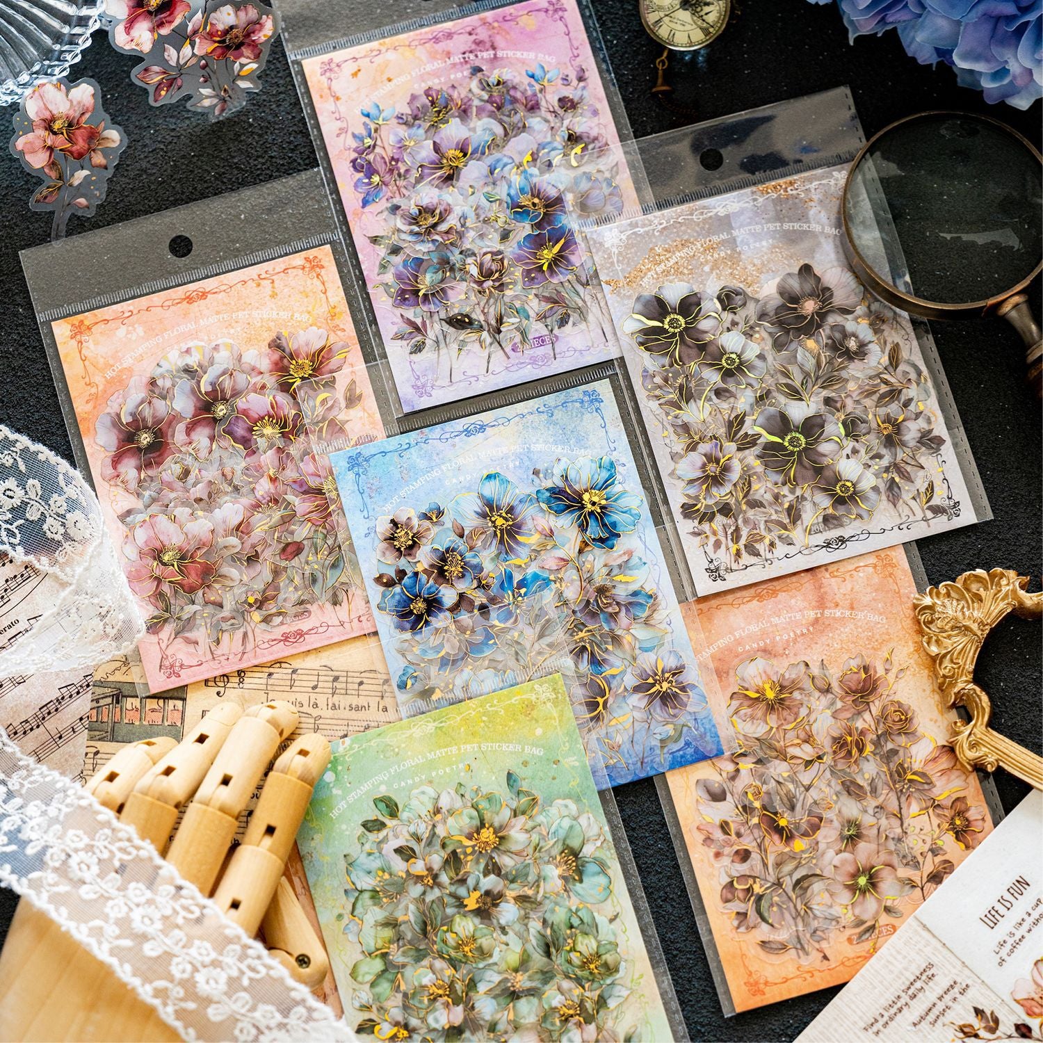 20 Pcs Glitter Flower PET Stickers FHZX
