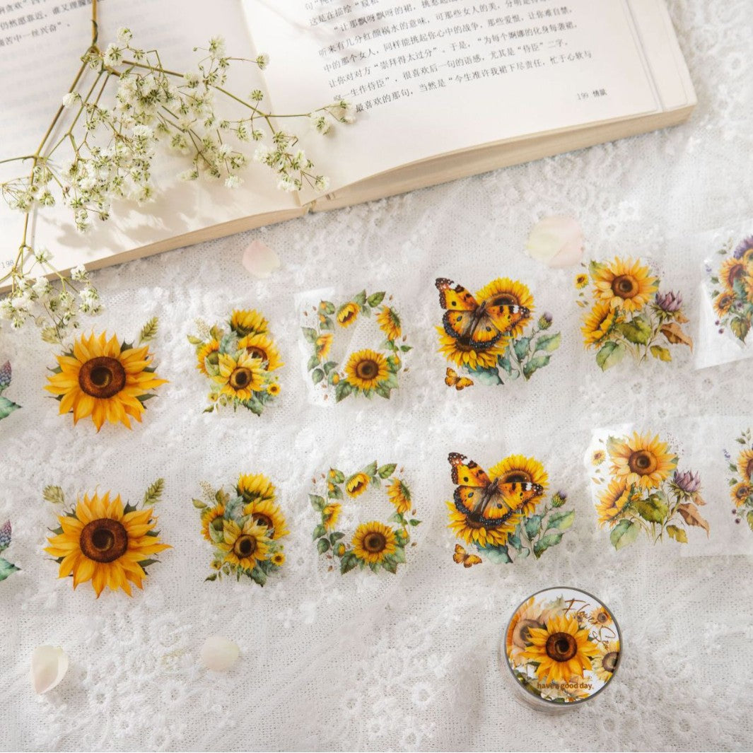Romantic Watercolor Botanical Wreath Die-Cut PET Tape- Sunflower