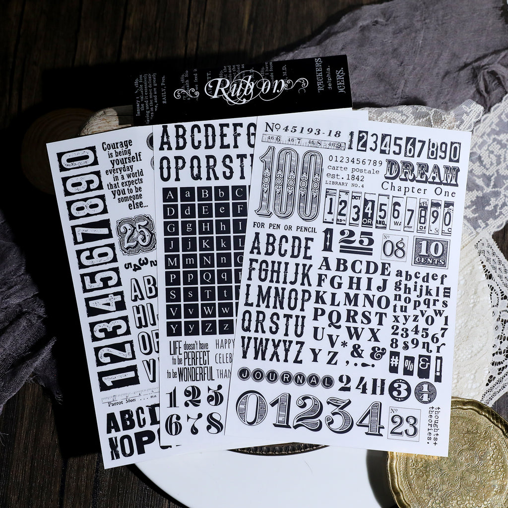 3 Sheets Letter and Number Rub on Stickers