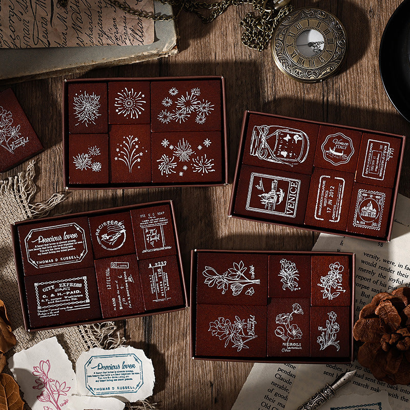 6 Pcs Vitnage Flower Firework Wooden Stamp Kit YYZY