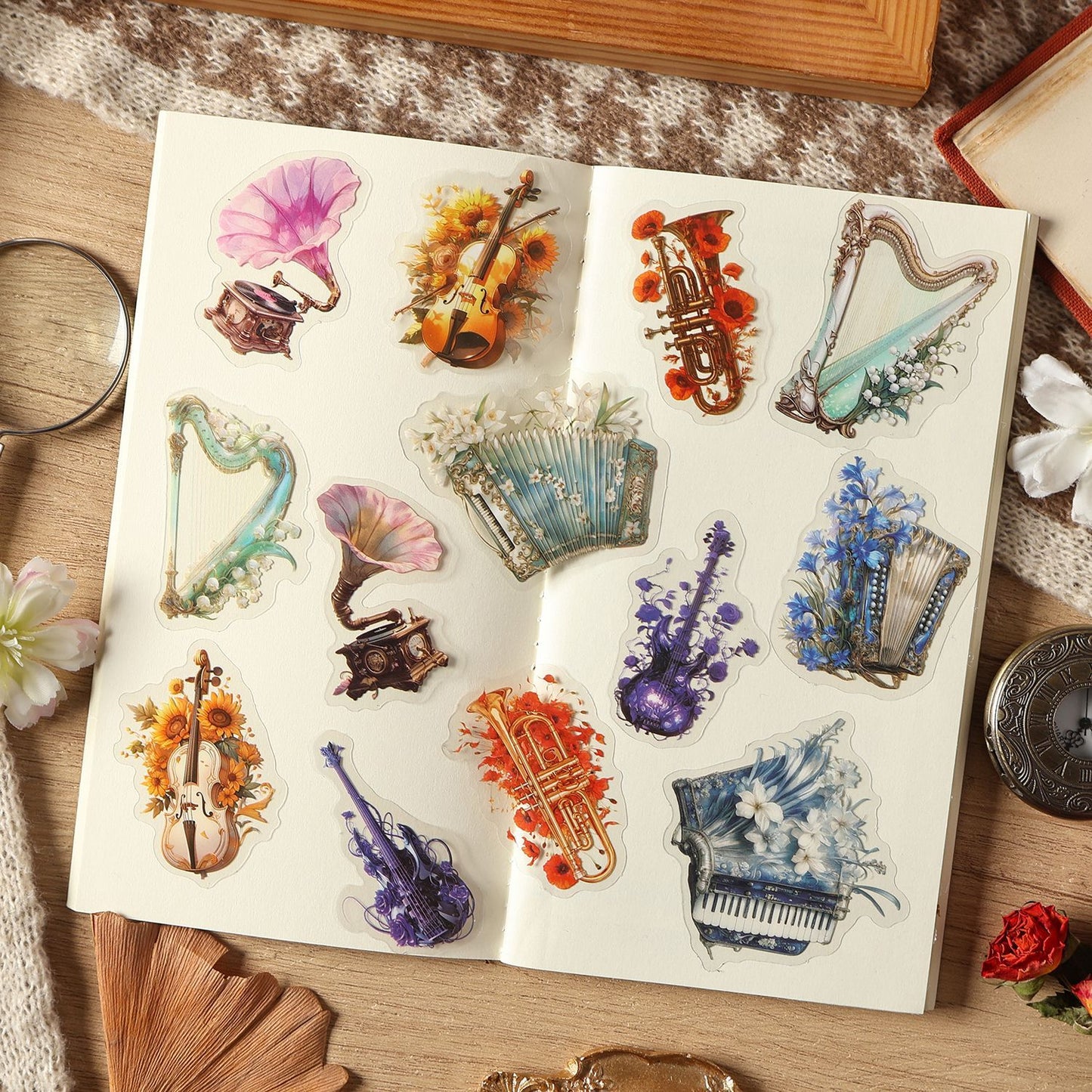 20 Pcs Floral Musical Instruments PET Stickers HHCMQ