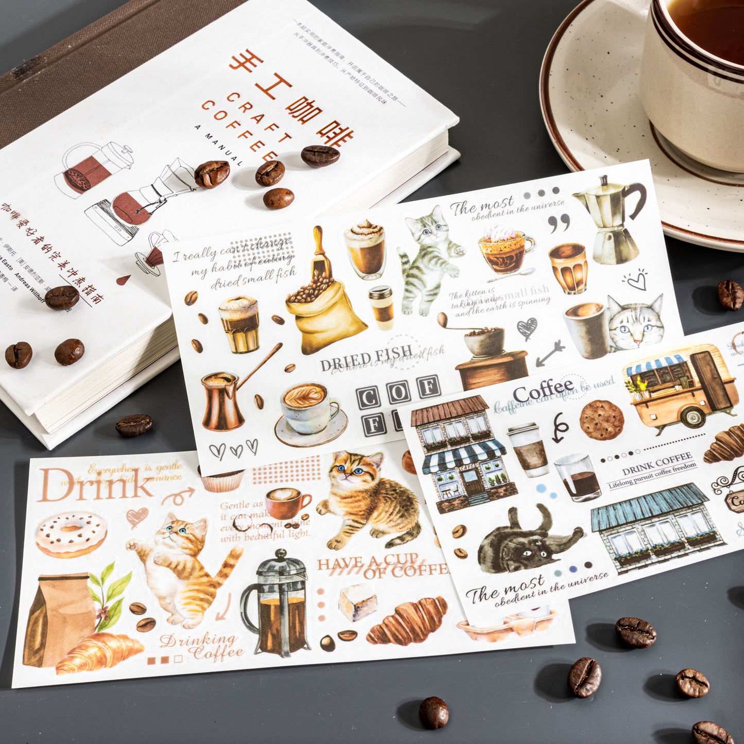 2 Sheets Cat Coffee Transfer Stickers HKFDM