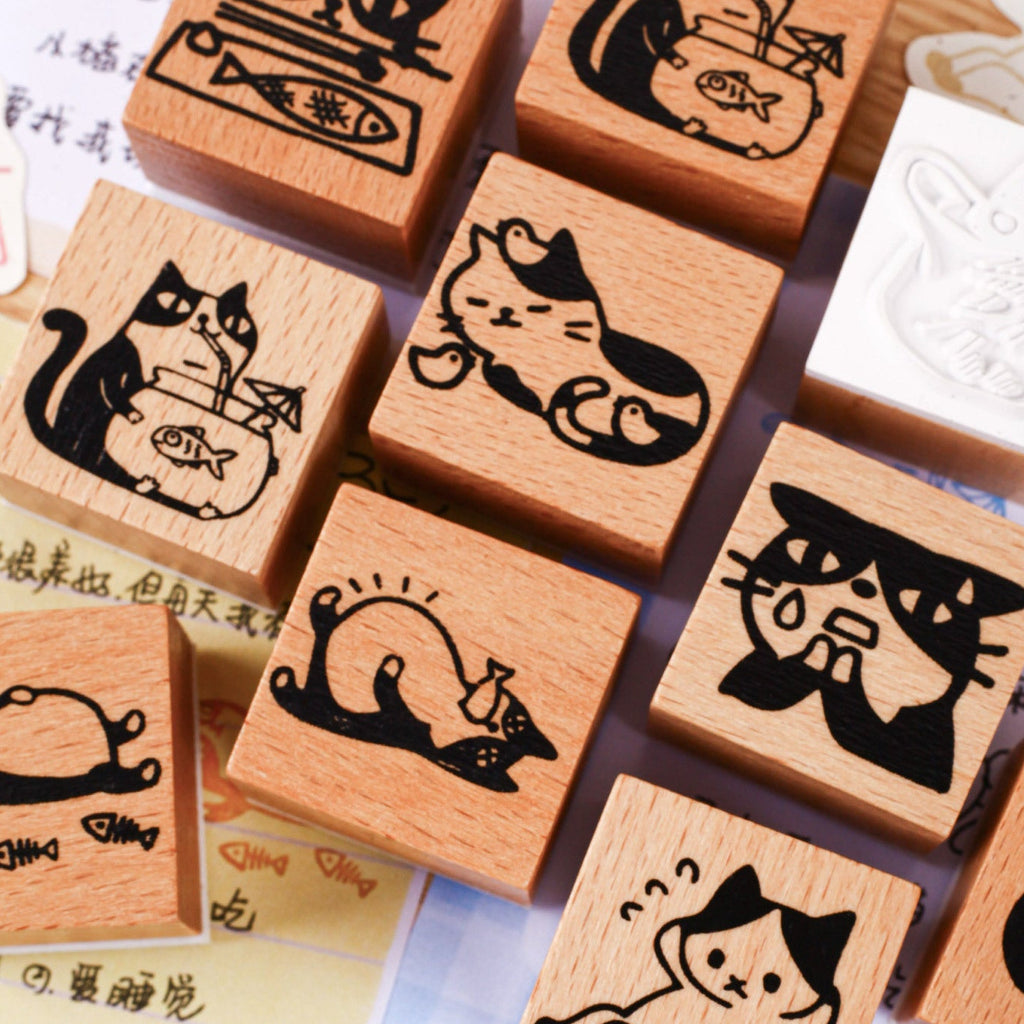 Kawaii Funny Cat Wood Stamp - Hungry Meow