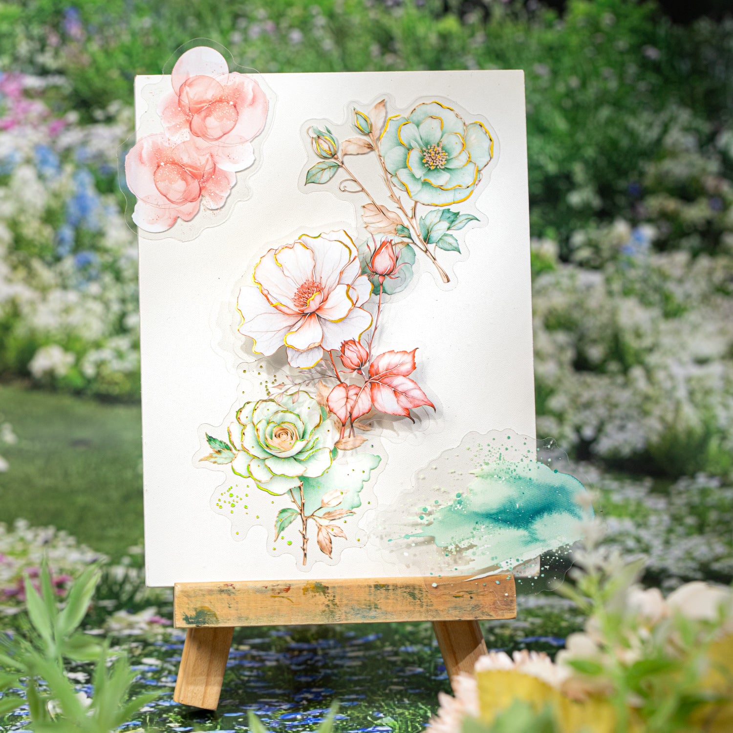 15 Pcs Glitter Watercolor Flower PET Stickers HYHZ