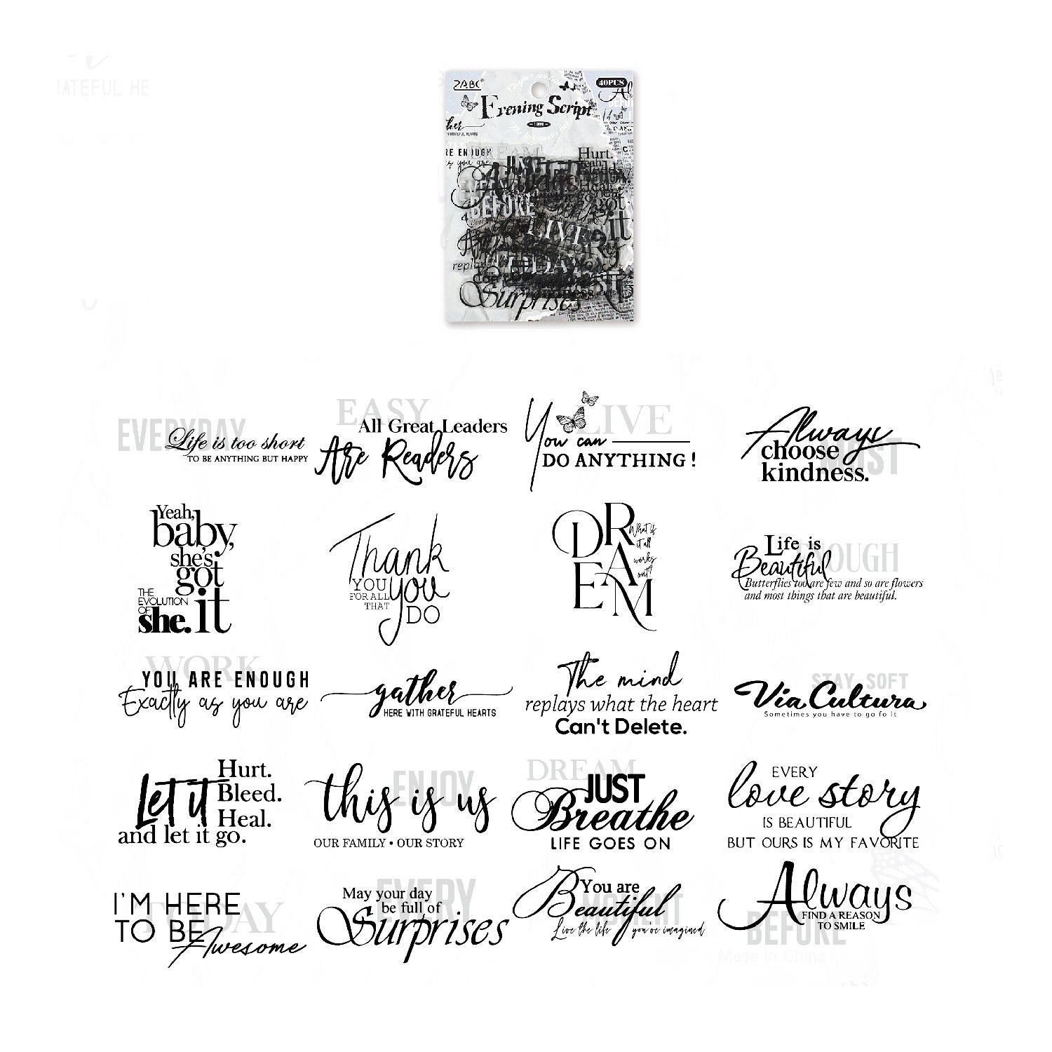 40 Pcs Vintage Typography Quotes PET Stickers - Breeze Notes