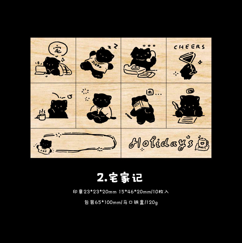 10 Pcs Cat Wooden Stamp Set MXRW