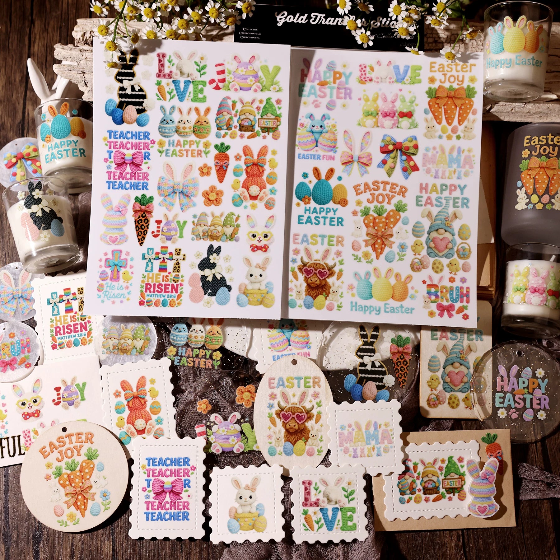 2 Sheets Waterproof Rub on Stickers - Easter Yarn