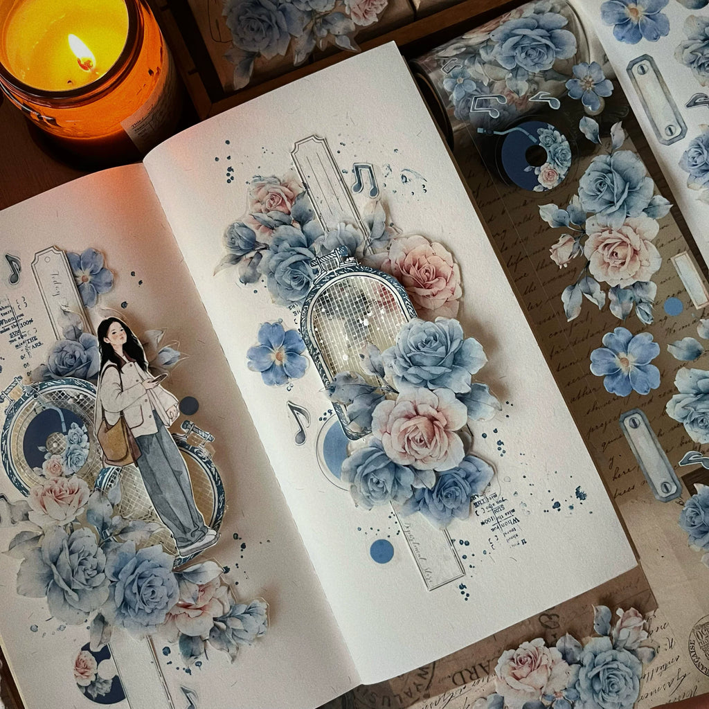 Floral Decorative Tape Rolls- Muted Blue Aura