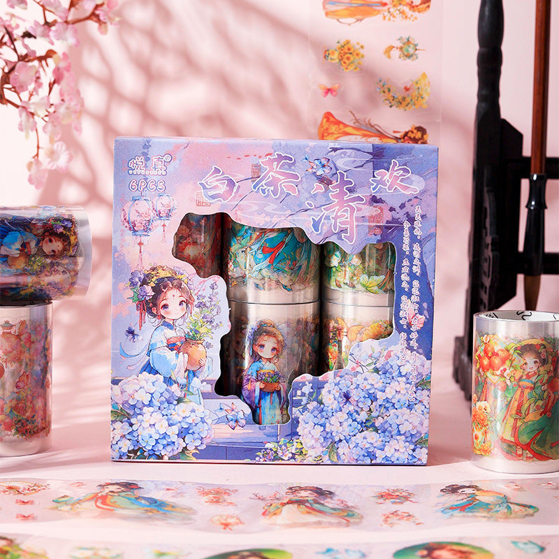 6 Rolls Chinese Classic Girl PET Stickers Tape BCQH
