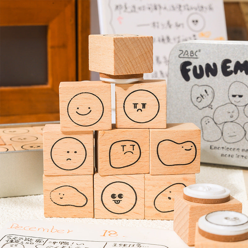 12 Pcs Cute Emoji Wooden Stamps Kit KEBQ