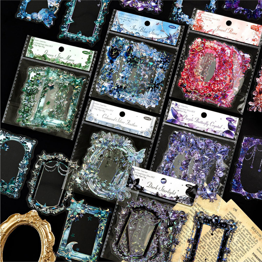 10 Pcs Glitter Flower Frame PET Stickers SJBWG