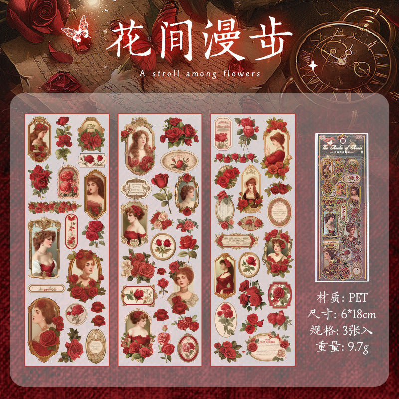 3 Sheets Rose and Lady PET Stickers QWZJ