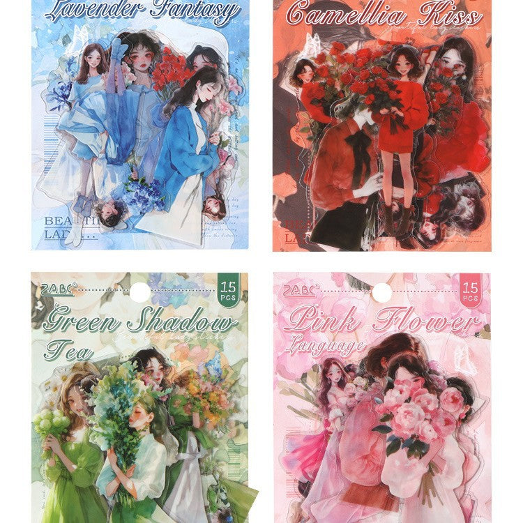 15 Pcs Flower Girl PET Stickers MMJR