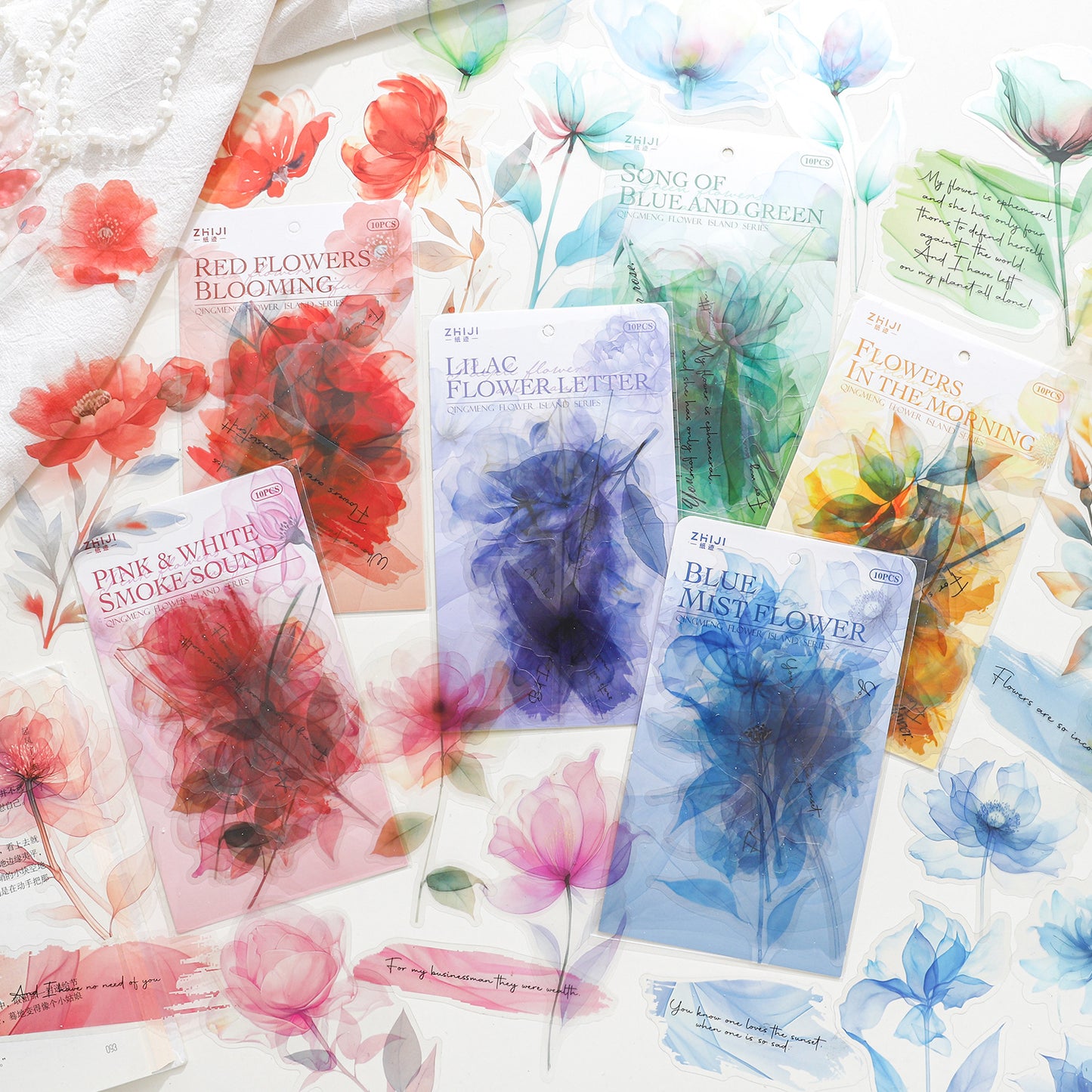 10 Pcs Watercolor PET Flower Stickers QMHD