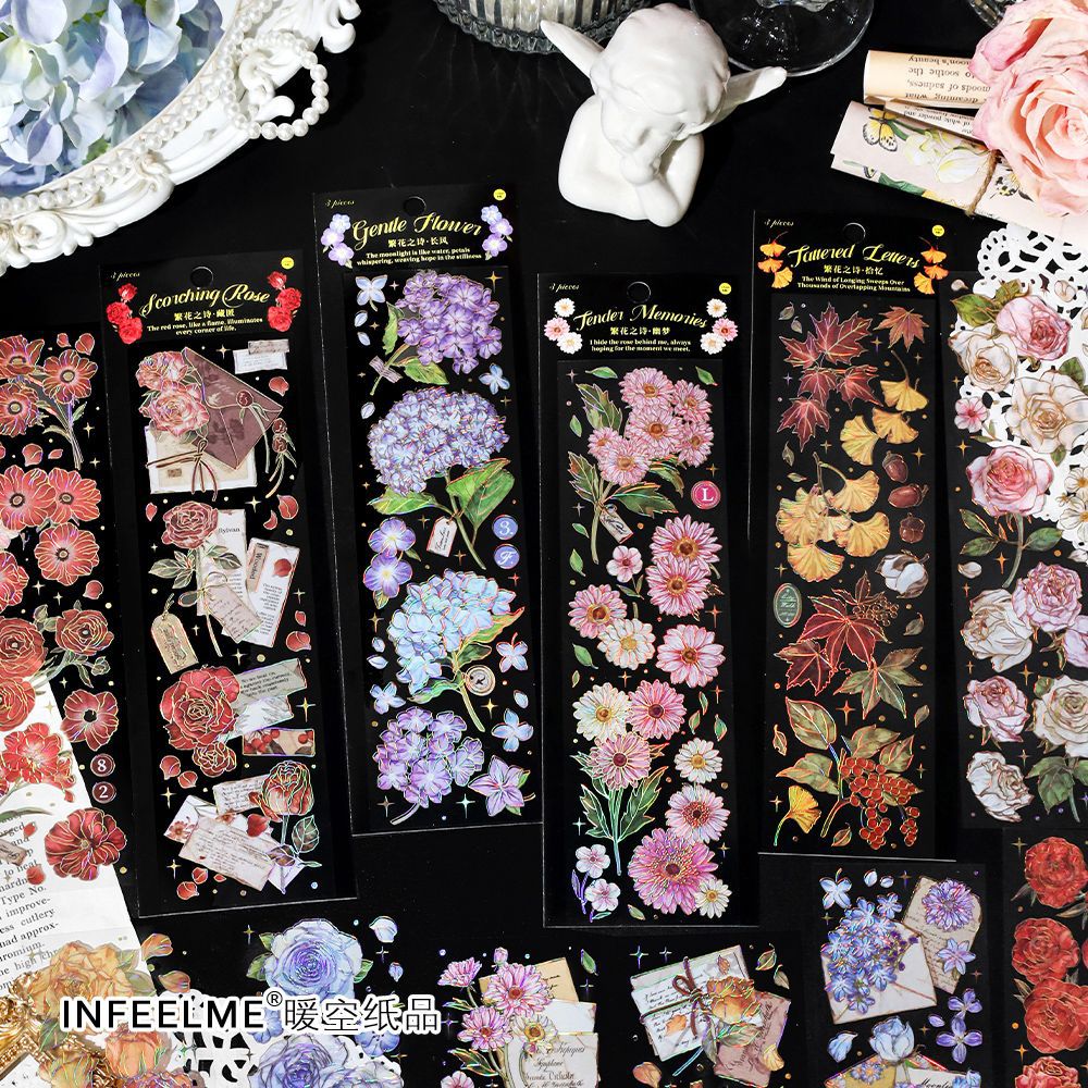 3 Sheets Flower PET Stickers Tape FHZS