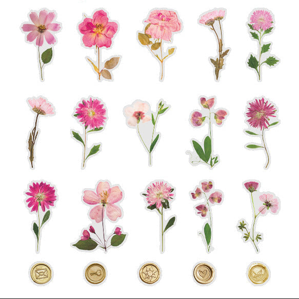 40 Pcs Vintage Pressed Flower Wax Seal Stickers- Pink