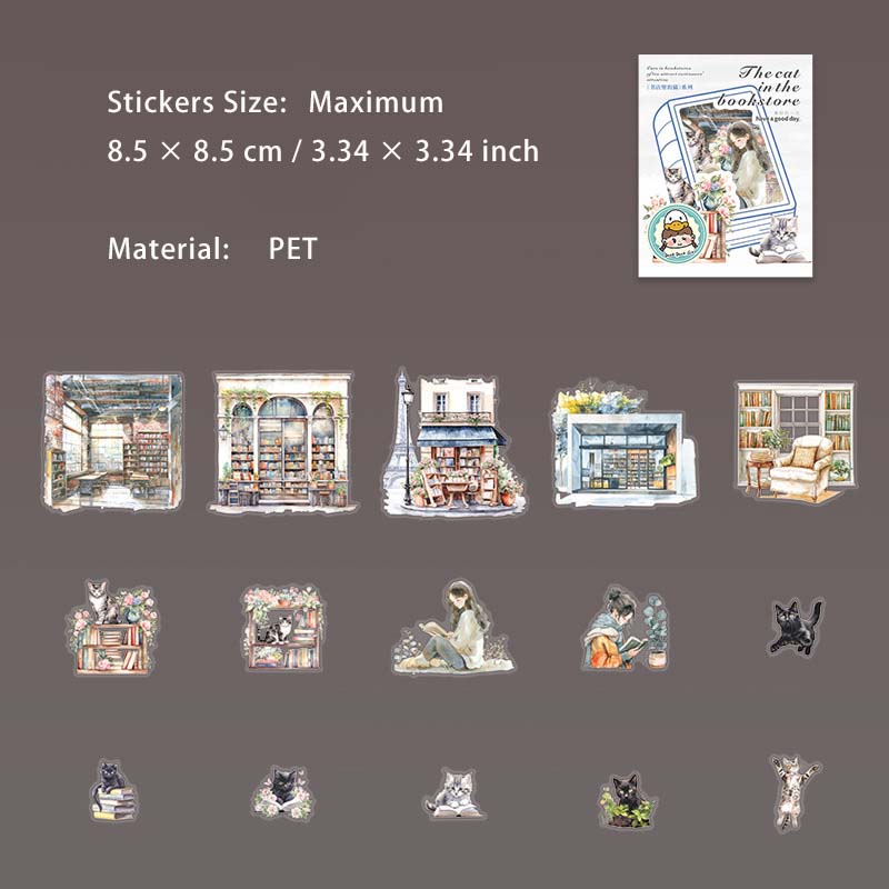 15 Pcs Reading Bookshop PET Stickers SDLDM