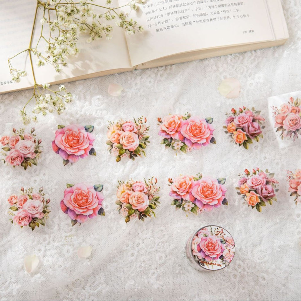 Romantic Watercolor Botanical Wreath Die-Cut PET Tape- Pink Rose