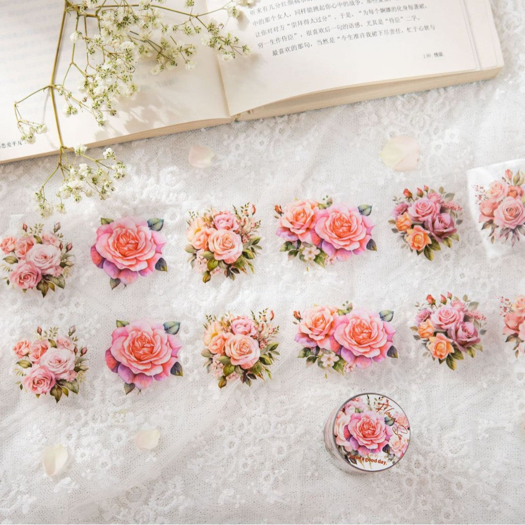 Romantic Watercolor Botanical Wreath Die-Cut PET Tape- Pink Rose