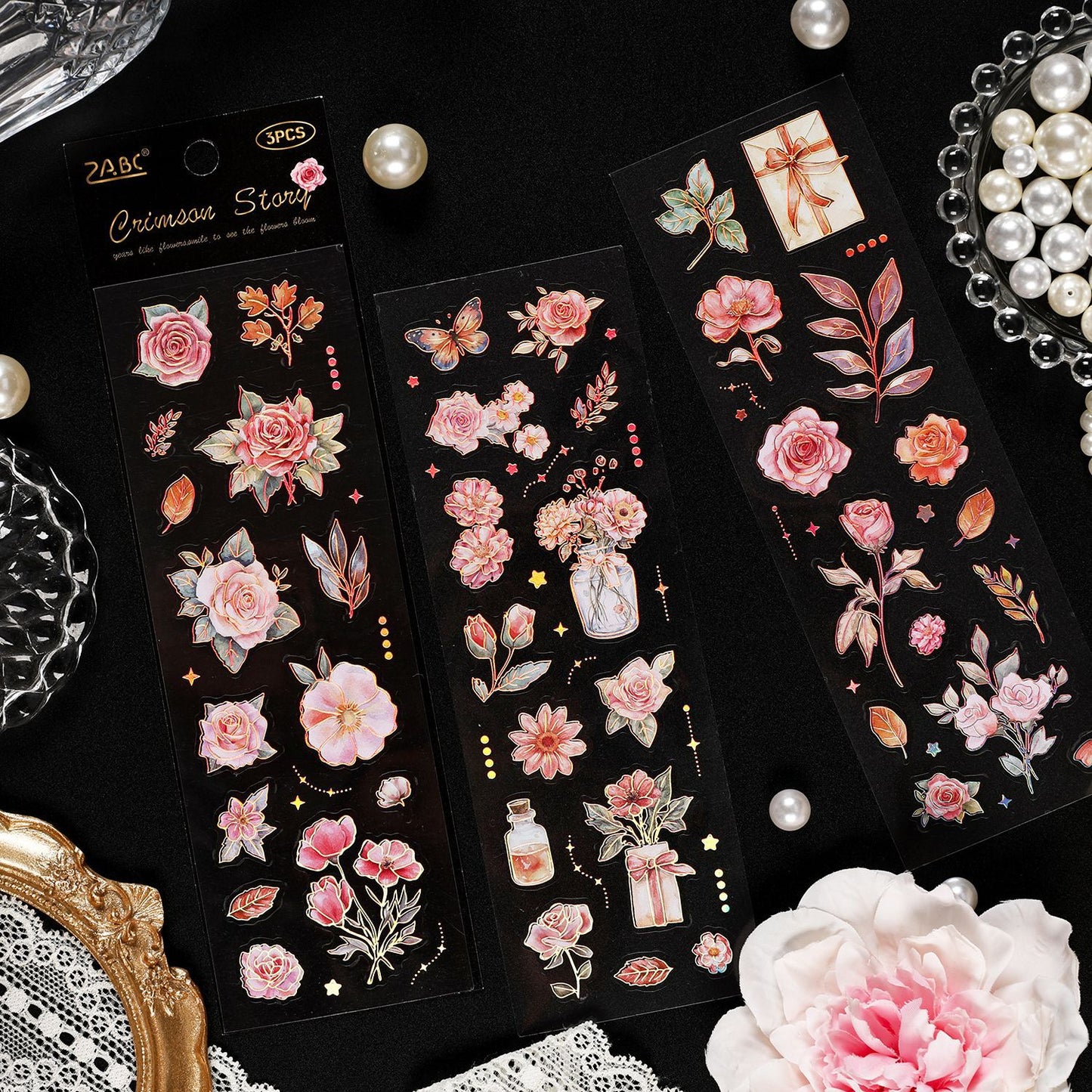 3 Sheets Gold Foil Vintage Flower Stickers WYJX