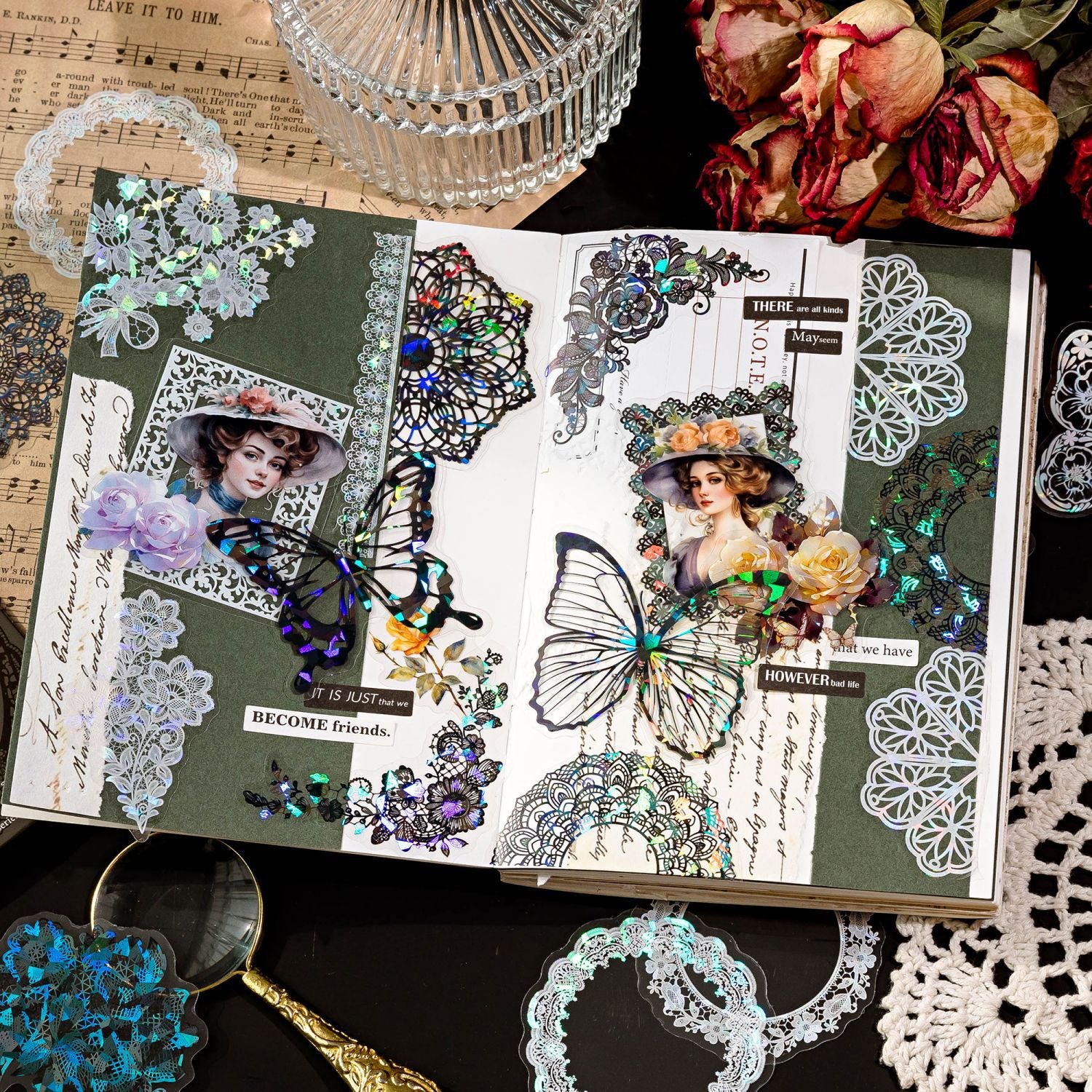 20 Pcs Cutout Lace PET Stickers LSXQ