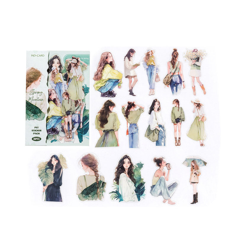 30 Pcs Korean Watercolor Fashion Girl PET Stickers KXSKA