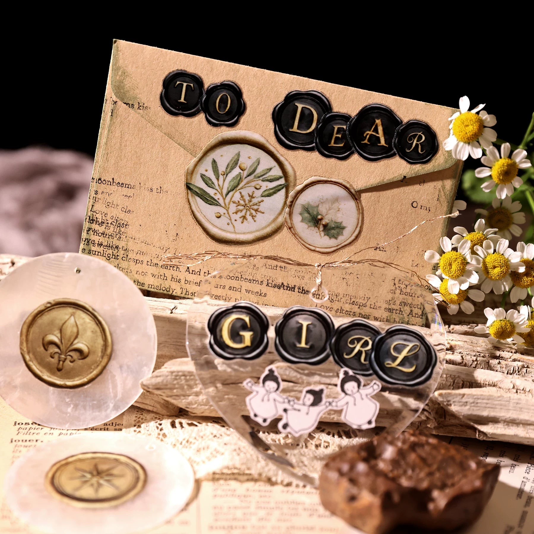 2 Sheets Waterproof Rub on Stickers - Wax Seal