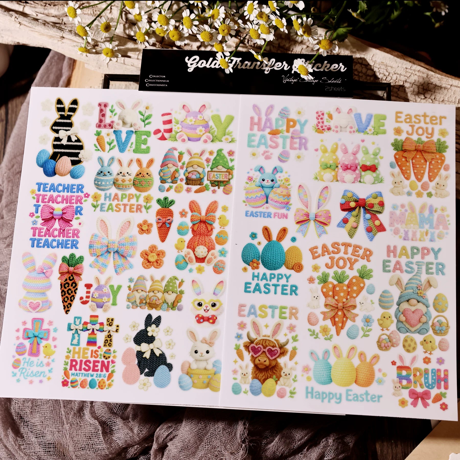 2 Sheets Waterproof Rub on Stickers - Easter Yarn