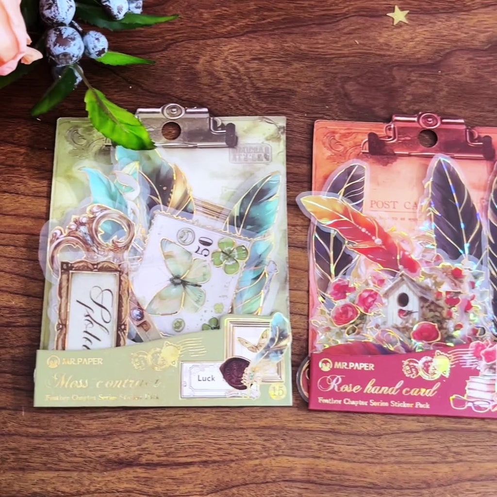 15 Pcs Gold Foil Vintage Feather PET Stickers YYPZ