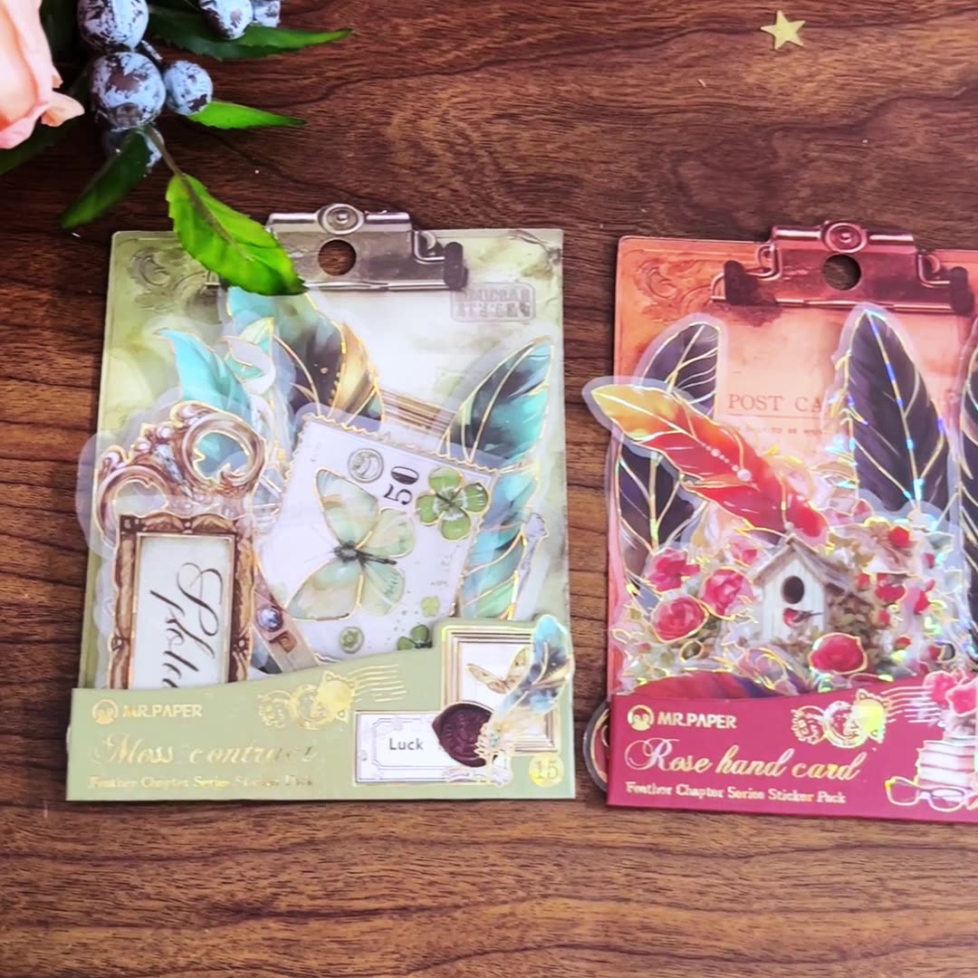 15 Pcs Gold Foil Vintage Feather PET Stickers YYPZ