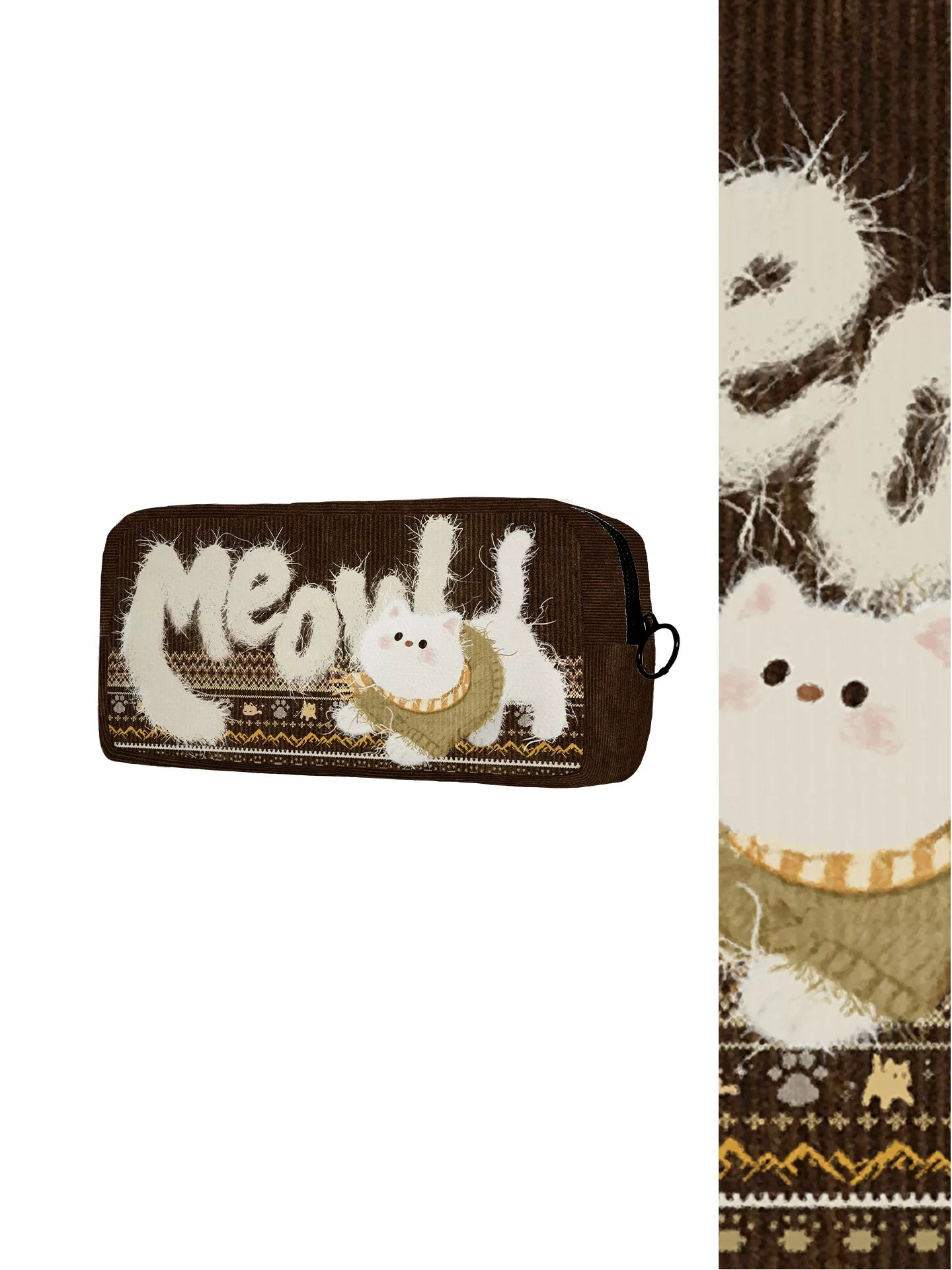 Pouch with a cartoon cat design and text 'Meow' on a brown background.