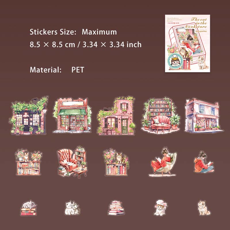 15 Pcs Reading Bookshop PET Stickers SDLDM