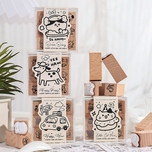 9 Pcs Cute Animal Wooden Stamp Set XZJS